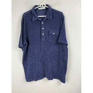 Criquet Mens XXL Navy‎ Blue Terry Cloth Short Sleeve Polo Shirt Button Pocket